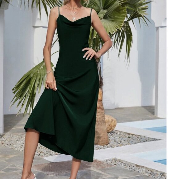 Dark Green Silky Cowl Neck Spaghetti Strap Open Back Midi Dress - Picture 6 of 11
